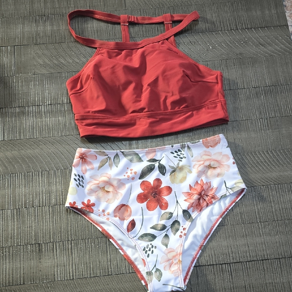 BRAND NEW Red Bikini Top and Floral High-Waisted Bottoms